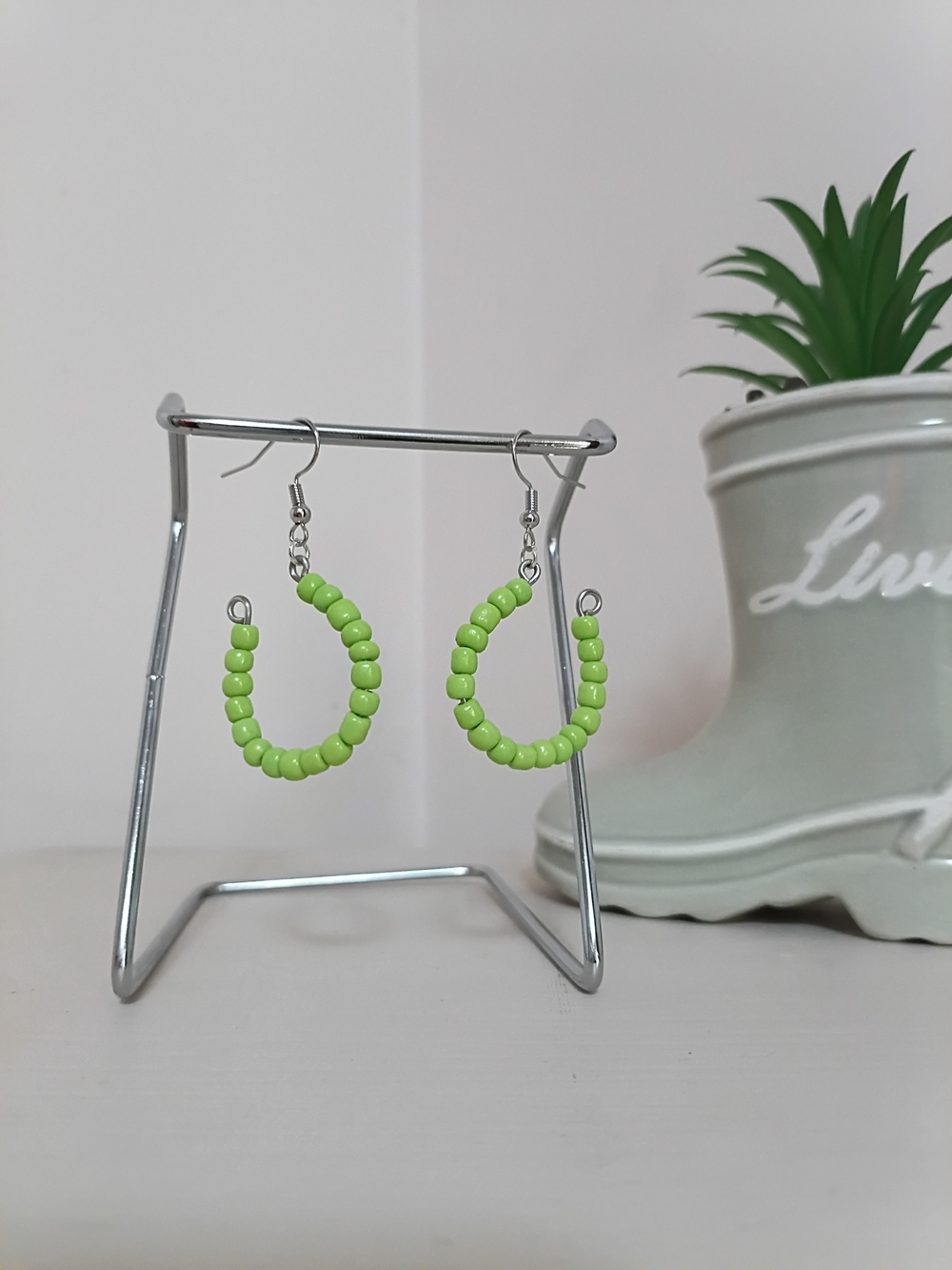 Handmade Horseshoe Lime Green Beaded Hoop Earrings